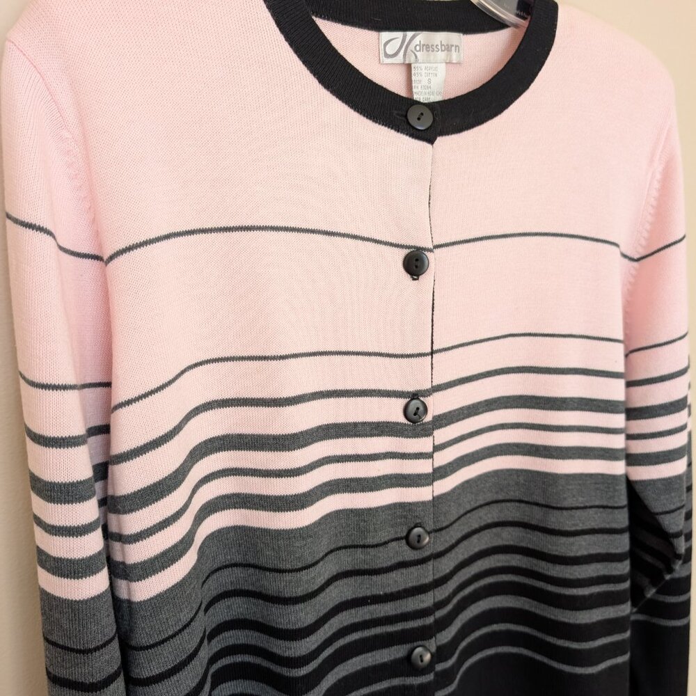Dress Barn pink gray black striped lightweight cardigan Small EUC - Picture 2 of 9